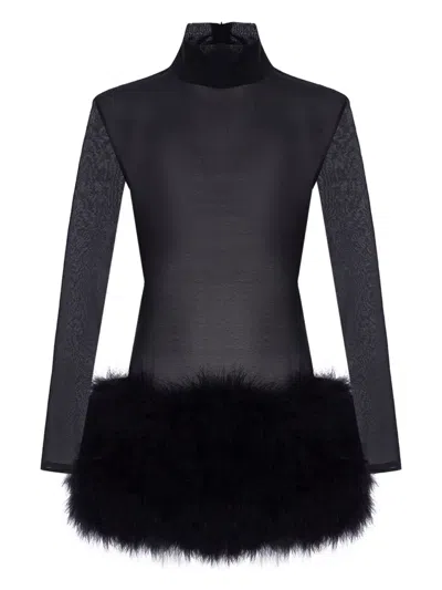 The New Arrivals Ilkyaz Ozel Elly In Mystere Feather-trimmed Mini Dress In Black