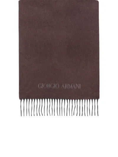 Giorgio Armani Logo-embroidered Fringed Scarf In Brown