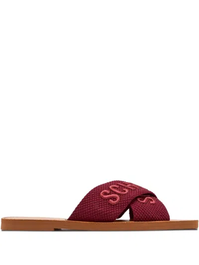 Schutz Logo-embroidered Cross-strap Sandals In Burgundy