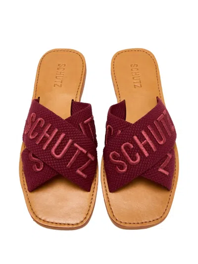 Schutz Logo-embroidered Cross-strap Sandals In Burgundy