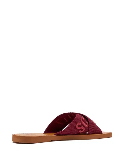 Schutz Logo-embroidered Cross-strap Sandals In Burgundy