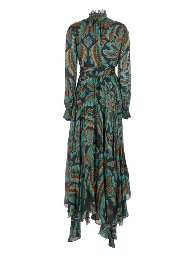 Etro Multicolor Long Dress With Self-tie Belt And All-over Floral Print In Silk Woman In Multi