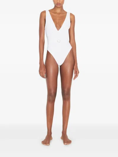 Tory Burch Belted Logo Swimsuit In White