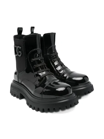 Dolce & Gabbana Logo-plaque Patent-leather Boots In Black