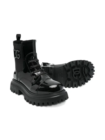 Dolce & Gabbana Logo-plaque Patent-leather Boots In Black