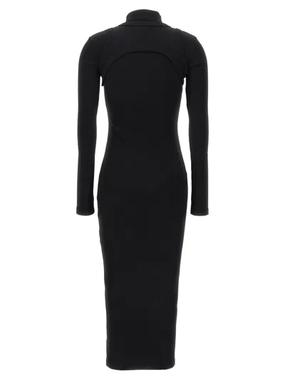 Off-white Ribbed Texture Midi Dress With High Neckline In Black