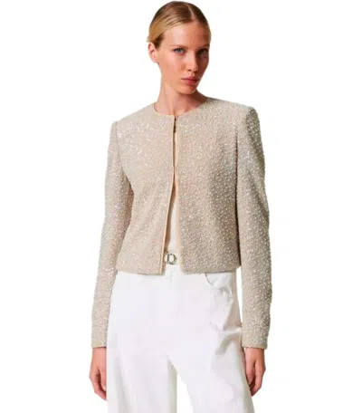 Twinset Twin-set Beige Sequins Cropped Jacket In Neutral