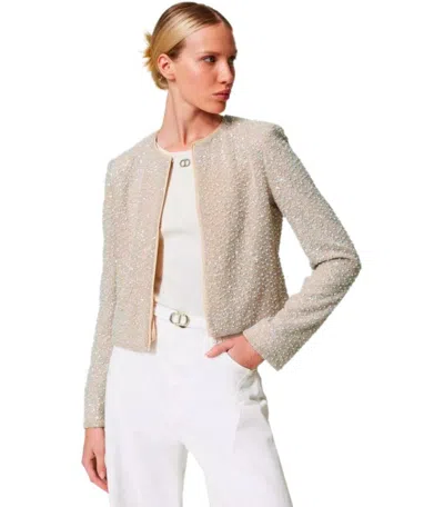Twinset Twin-set Beige Sequins Cropped Jacket In Neutral