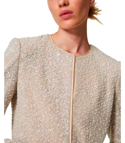 Twinset Twin-set Beige Sequins Cropped Jacket In Neutral