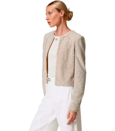 Twinset Twin-set Beige Sequins Cropped Jacket In Neutral