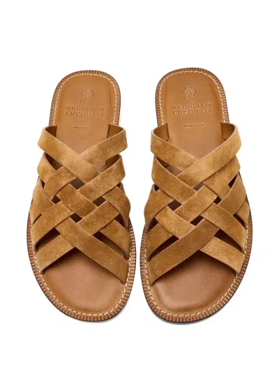 Brunello Cucinelli Woven Leather Sandals In Brown