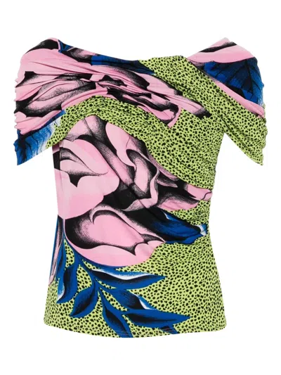 Pre-owned Versace 1990s Floral-print Draped Blouse In Green