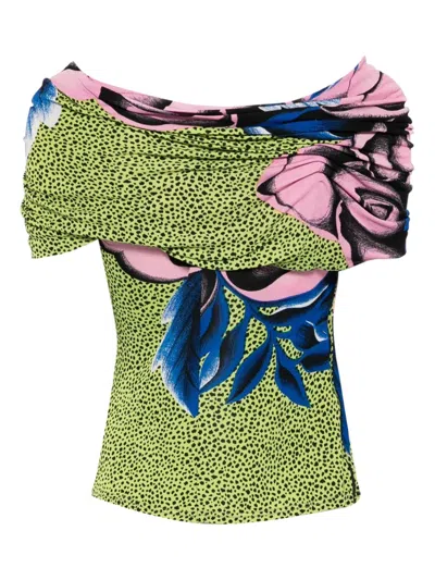 Pre-owned Versace 1990s Floral-print Draped Blouse In Green