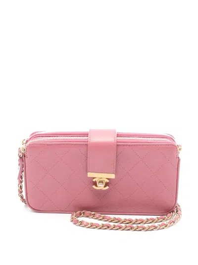 Pre-owned Chanel 2018-2019 Cc Quilted Calfskin Double Zip Clutch With Chain Crossbody Bag In Pink