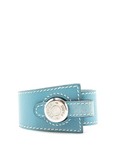 Pre-owned Hermes 1998 Sellier Leather Dalvy Wrap Bracelet Costume Bracelet In Blue