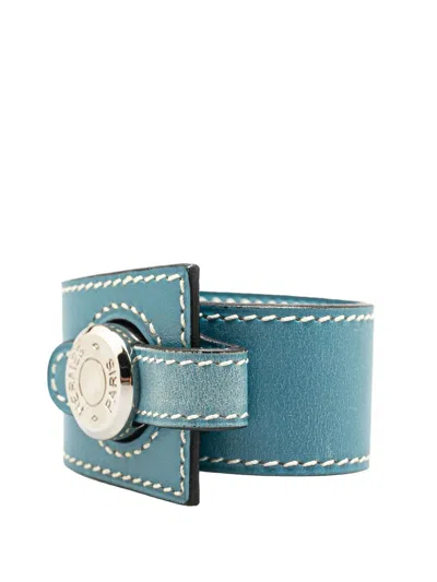 Pre-owned Hermes 1998 Sellier Leather Dalvy Wrap Bracelet Costume Bracelet In Blue