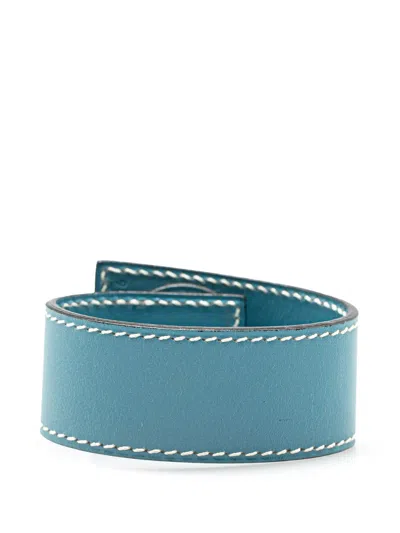 Pre-owned Hermes 1998 Sellier Leather Dalvy Wrap Bracelet Costume Bracelet In Blue