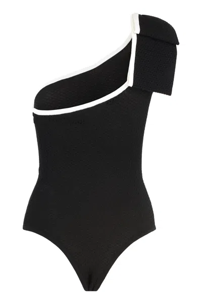Elisabetta Franchi One-shoulder Textured Bodysuit In Black