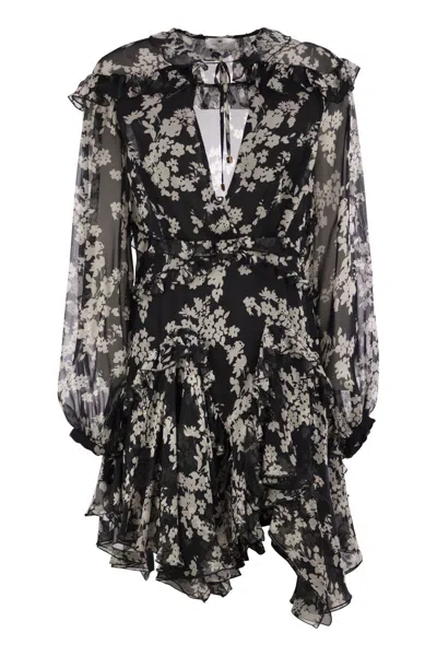 Elisabetta Franchi Printed Silk Voile Dress With Ruffles In Black