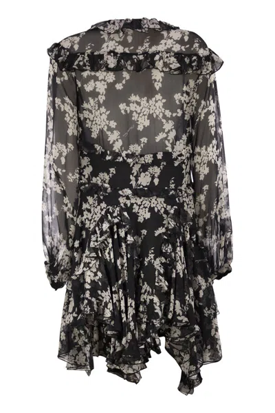 Elisabetta Franchi Printed Silk Voile Dress With Ruffles In Black