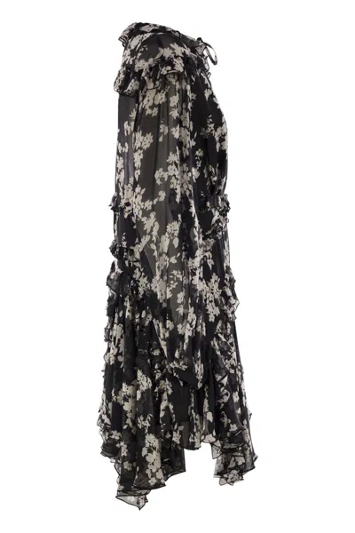 Elisabetta Franchi Printed Silk Voile Dress With Ruffles In Black