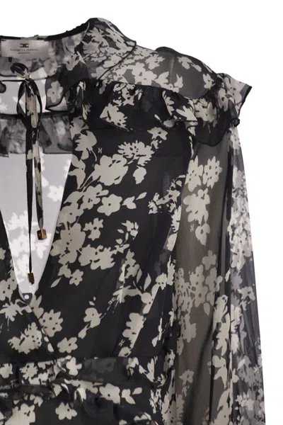 Elisabetta Franchi Printed Silk Voile Dress With Ruffles In Black