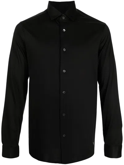 Emporio Armani Cotton Poplin Shirt With Buttoned Cuffs And Curved Hem In Black