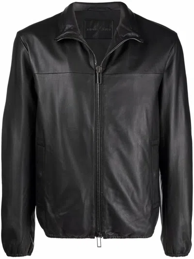 Emporio Armani Leather Jacket With Stand-up Collar In Black