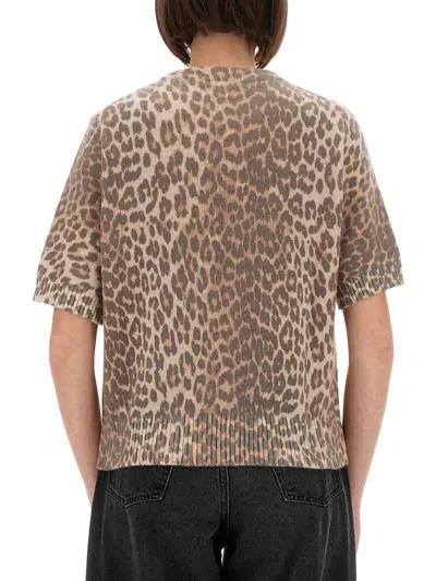Ganni Leopard Print Short Sleeve Sweater In Animal Print