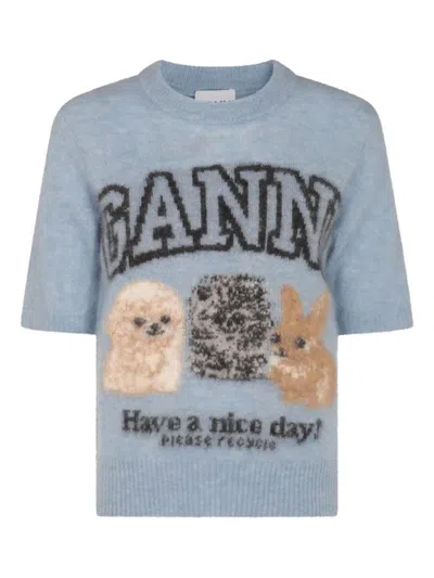 Ganni Light Blue Crewneck T-shirt With Maxi Logo Embroidery On The Front In Blue