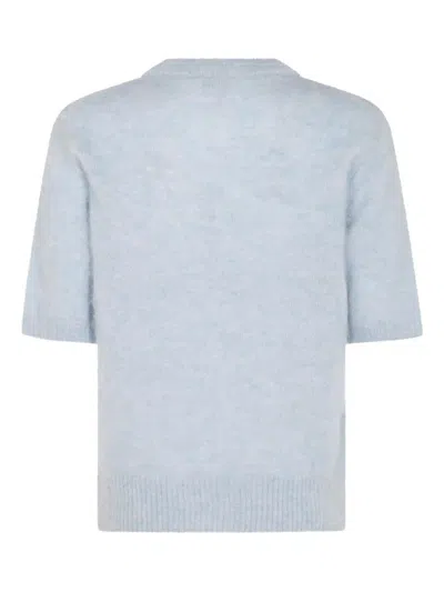 Ganni Light Blue Crewneck T-shirt With Maxi Logo Embroidery On The Front In Blue