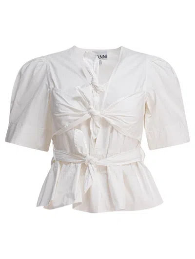 Ganni White Stretch Cotton Blouse In White