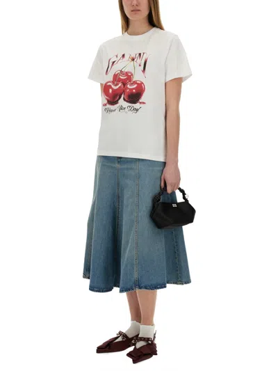 Ganni White T-shirt With Cherry Print And Logo Lettering On The Front In Cotton Woman