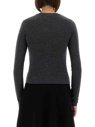 Ganni Grey Sweater With Classic Collar And Check Motif On The Front In Wool Woman