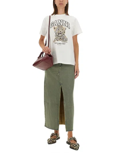 Ganni White T-shirt With Print And Logo Lettering On The Front In Cotton Woman In White