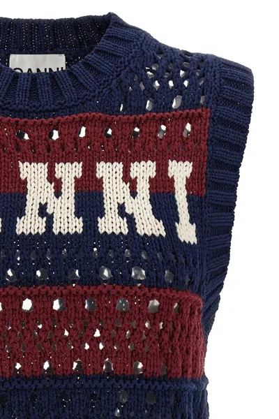 Ganni Striped Openwork Vest With Logo Inlay In Multi