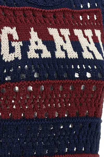 Ganni Striped Openwork Vest With Logo Inlay In Multi