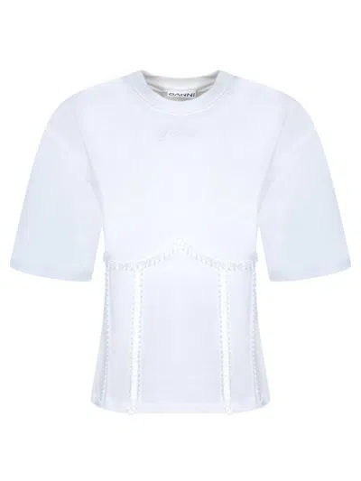 Ganni White Crewneck T-shirt With Front Embellishments And Rear Bow Closure In Cotton Woman In White