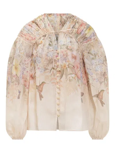 Zimmermann Illuminatebeige Blouse With Puffed Sleeves And All-over Floral Print In Linen And Silk Blend Woman In Neutral