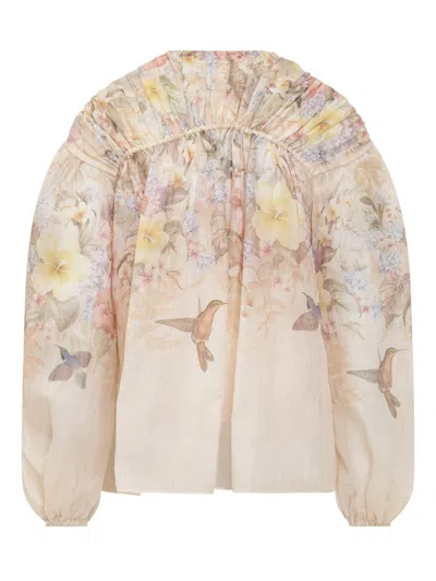 Zimmermann Illuminatebeige Blouse With Puffed Sleeves And All-over Floral Print In Linen And Silk Blend Woman In Neutral