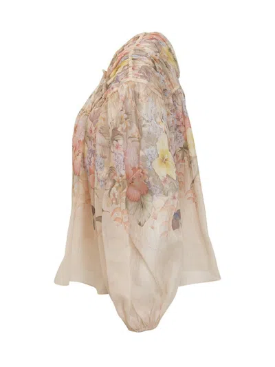 Zimmermann Illuminatebeige Blouse With Puffed Sleeves And All-over Floral Print In Linen And Silk Blend Woman In Neutral