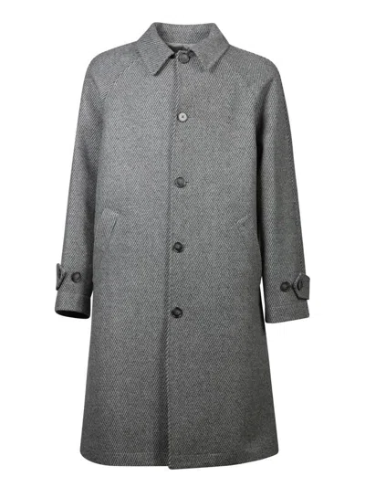 Officine Generale Raglan Wool Stripes Grey Coat In Gray