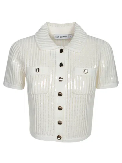 Self-portrait Ribbed Knit Cropped Polo Top