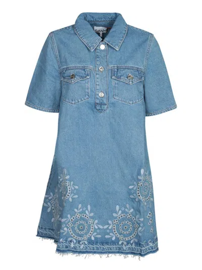 Ganni Blue Embroidered Denim Mini Dress In Blue