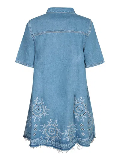 Ganni Blue Embroidered Denim Mini Dress In Blue