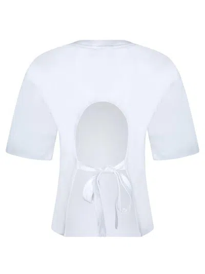 Ganni White Crewneck T-shirt With Front Embellishments And Rear Bow Closure In Cotton Woman In White