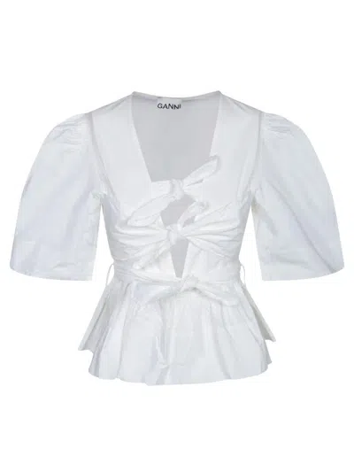 Ganni White Stretch Cotton Blouse In White