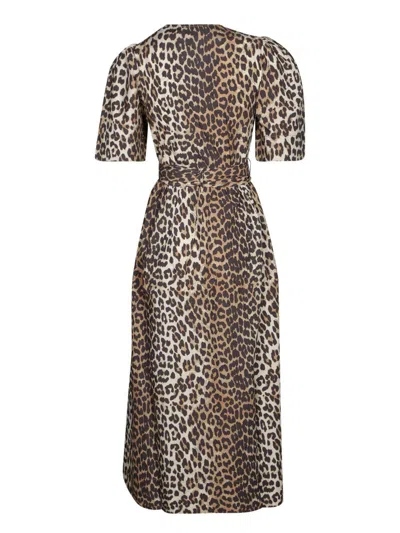 Ganni Leopard Print Cotton Midi Dress In Brown