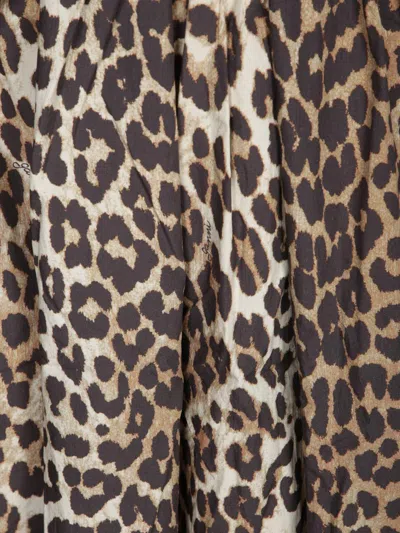 Ganni Leopard Print Cotton Midi Dress In Brown