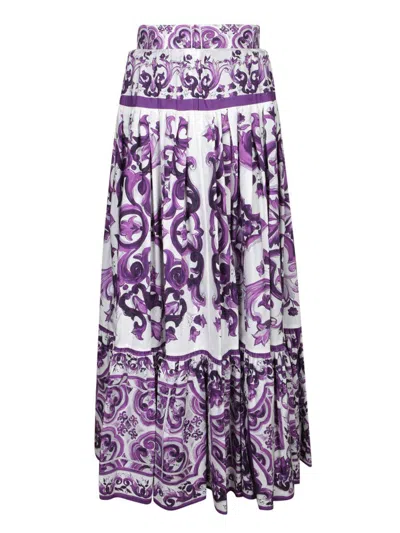 Dolce & Gabbana Violet Long Skirt With Ruffle Hem And All-over Floral Motif In Cotton Woman In Purple